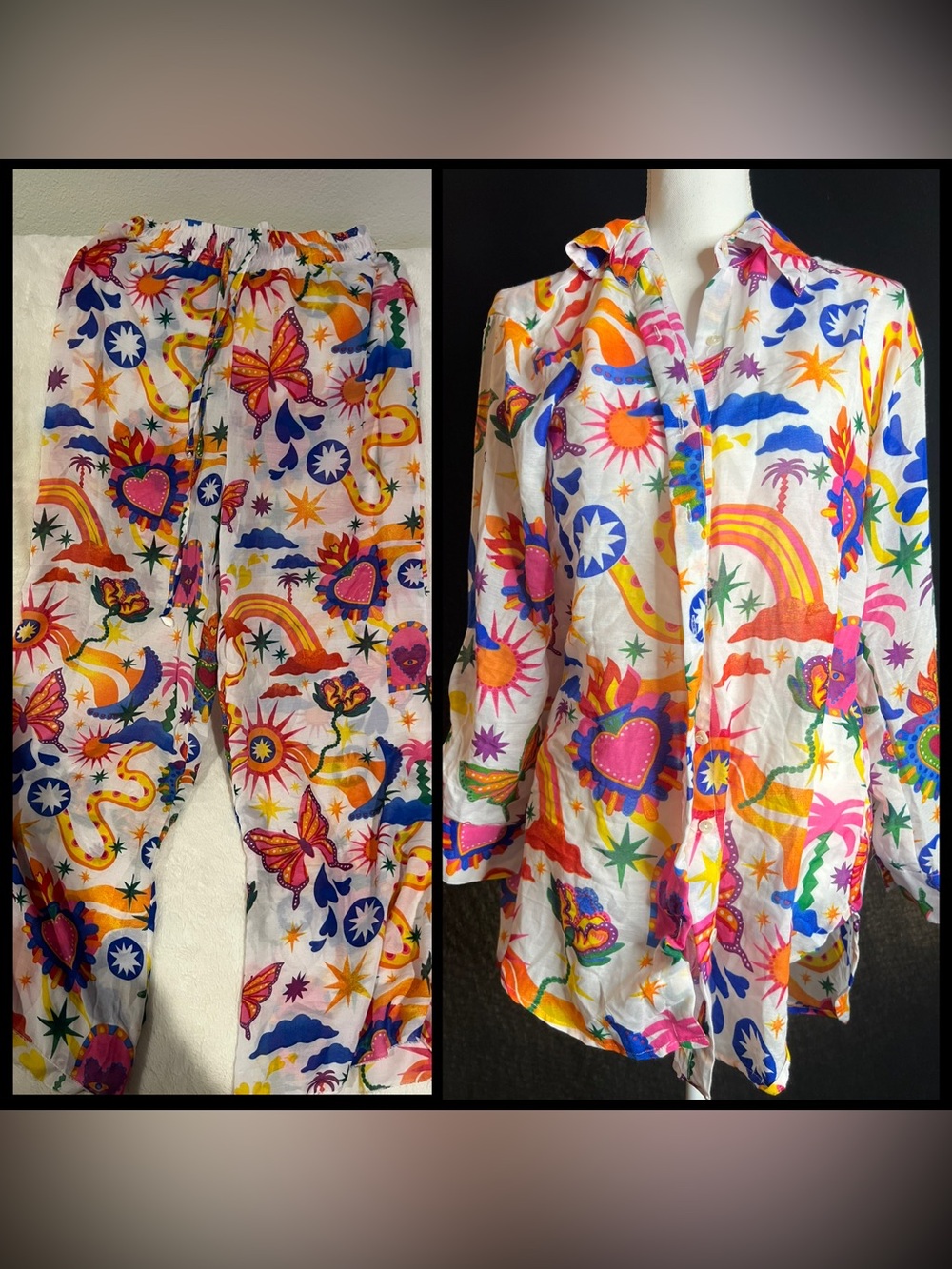 Women's White Rainbow & Floral Print Lounge Pants